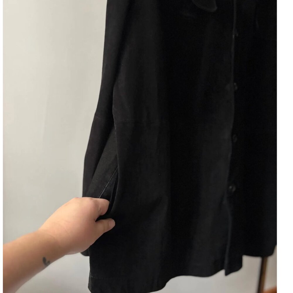 1990s Oversized Black Suede Jacket with Pockets | Vintage Minimal Leather Coat - Picture 2 of 8